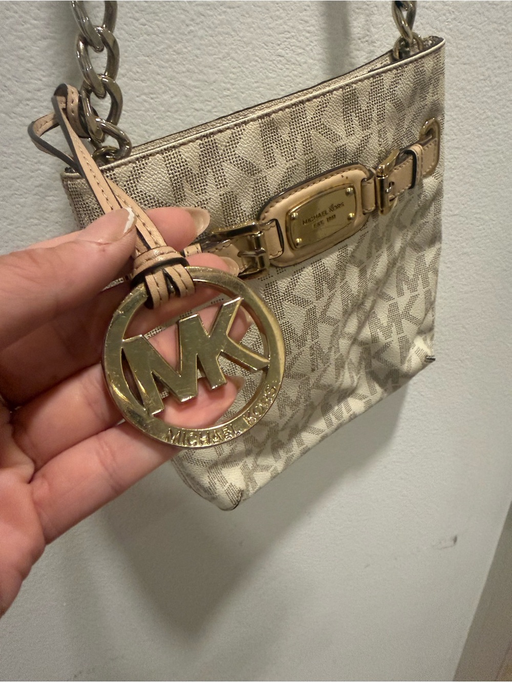 Michael Kors Vanilla Signature MK Logo Chain Crossbody Bag